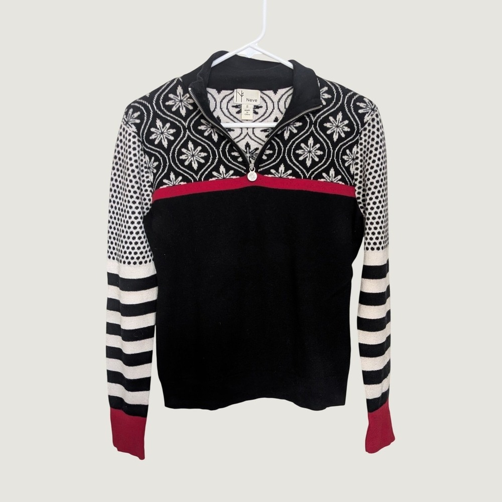Neve Nordic Snowflake Quarter Zip Cotton Wool Sweater Black Red Small